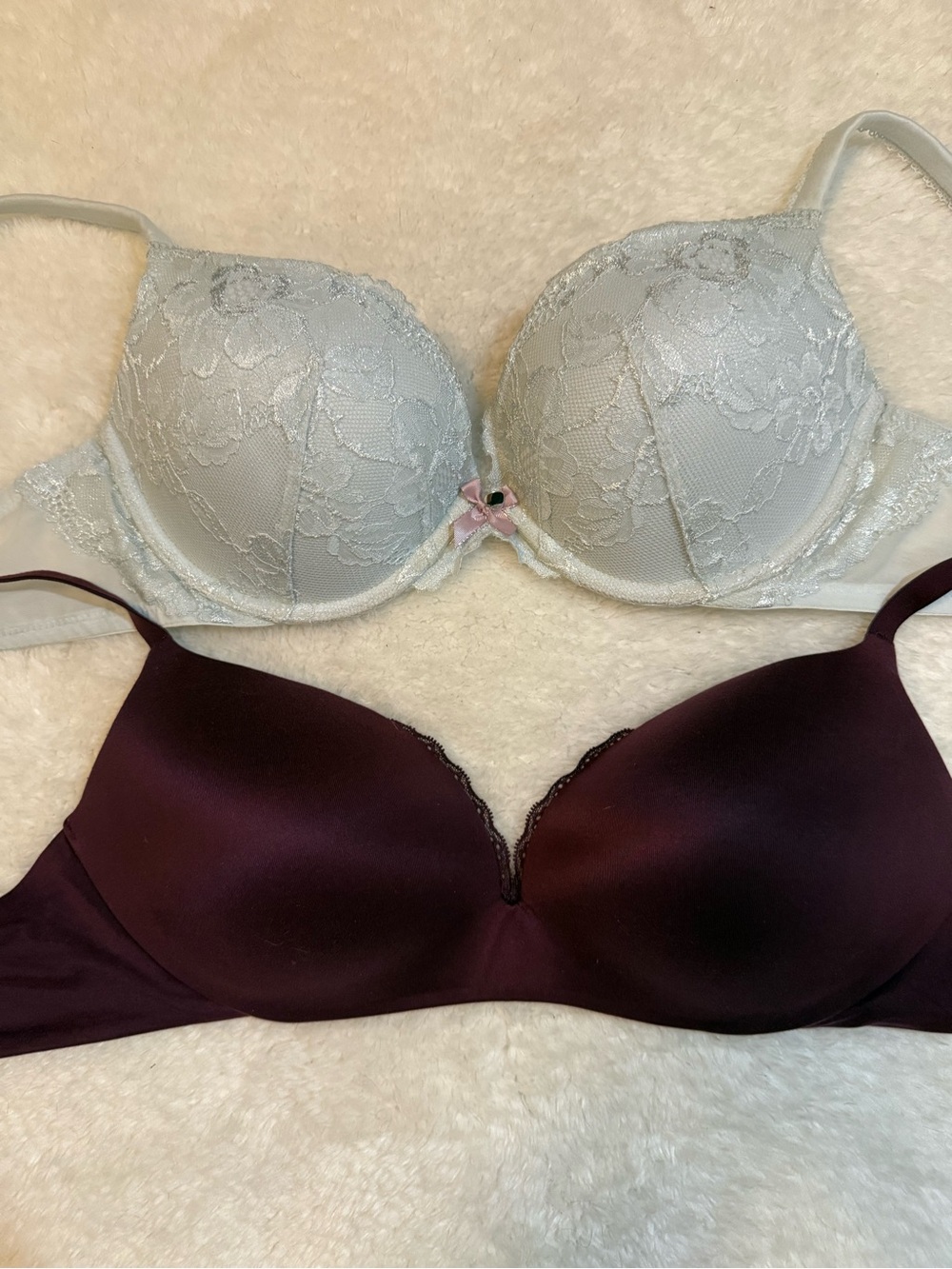 Victoria's Secret 36C Silvery Lace/Baby Blue & Plum Smooth Bras Like New
